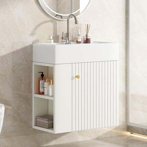 SHUGUANG Mueble Baño con Lavabo 55 cm, Lavabo con Mueble, Mueble de Baño Suspendido con Lavabo, con 1 Puerta y 2 Compartimentos Abiertos, Mueble Baño Moderno, Blanco/Gris, 55x31x66,5 cm