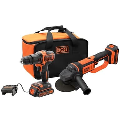 BLACK+DECKER COMBO KIT: Taladro Percutor 18V 10mm 40Nm + Mini-Amoladora 18V 125mm, Incluye: 2 baterías de Litio 2Ah, cargador, bolsa transporte, BCK24D2S-QW