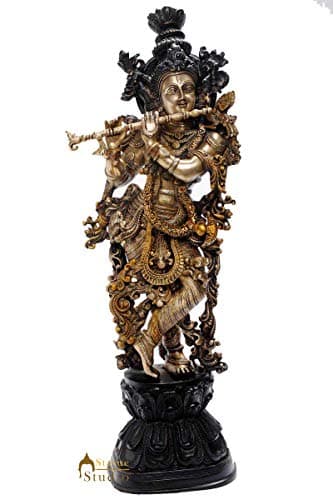 Estatuestudio Krishna - Idol de latón con Flauta, Color Amarillo y Negro, tamaño: 20 x 18 x 7,6 cm