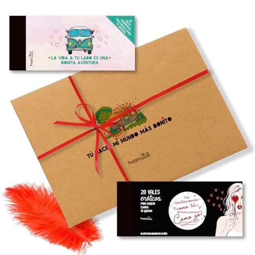 HappyMots - Sorprende este San Valentín | Pack de 2 Talonarios Vales + Pluma Roja | Ideas Románticas, Divertidas y Atrevidas | Regalos Originales para Parejas