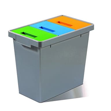 PAPELERA RECICLAJE TRES COMPARTIMENTOS - POLYMAX gris con tapas oscilantes azul verde y amarillo