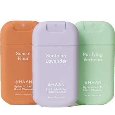 HAAN Spray Limpiador de Manos con Aloe Vera (3 Pack), Cleanses Your Hands - 1 de cada Fragancia: Sunset Fleur + Purifying Verbena + Soothing Lavender, 30ml
