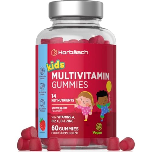 Gominolas Multivitaminas Niños | Sabor Fresa | 14 Vitaminas y Minerales con Biotina, Zinc, Ácido Fólico, Yodo, Colina | 60 Gummies Veganas | Multivitamin Gummies | by Horbaach