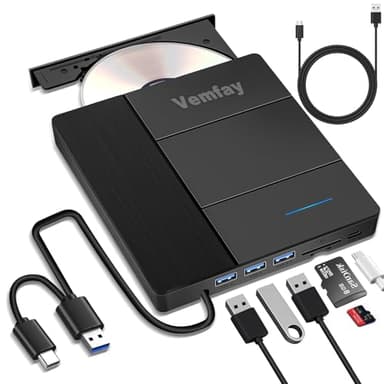 Vemfay Lector CD DVD Externo, USB 3.0 Type C CD DVD +/-RW Unidad óptica con SD/TF Card Reader, Plug and Play Drive Player para Win11/10/8/7/XP, Linux,Mac OS,Vista
