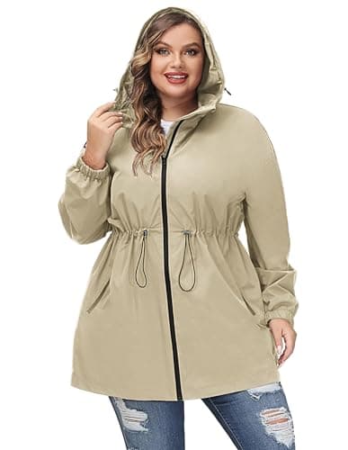 Hanna Nikole Chaqueta impermeable con capucha para mujer, talla grande, cortavientos, caqui, 56 Grande