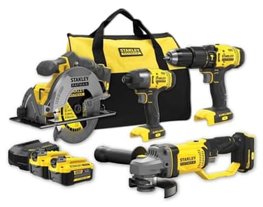 STANLEY FATMAX SFMCK469M2-QW - Kit combinado V20 (18 V, compuesto por Taladro Percutor, Sierra Circular de mano, Amoladora Angular, Atornillador de Impacto, Cargador y 2 baterías de 4,0 Ah)