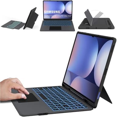 Funda con Teclado Español Ñ para 14,6" Samsung Galaxy Tab S10 Ultra/S9 Ultra/S8 Ultra: Retroiluminación de 7 colores + panel multitáctil - Teclado extraíble con función de apagado/encendido automático