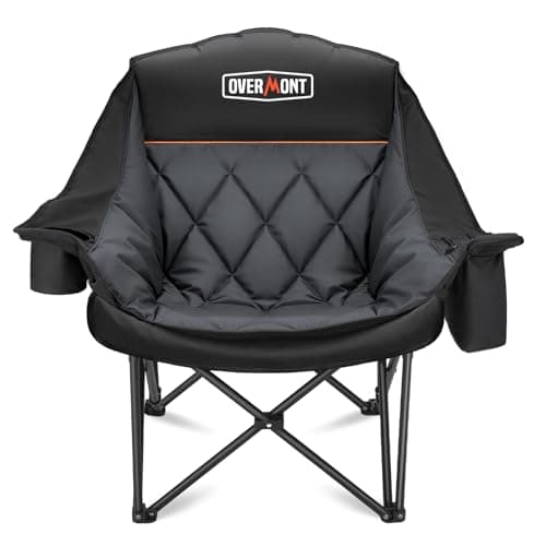 OVERMONT Silla de Camping Plegable Grande 204kg - Silla de Pesca Acolchada Resistente con Bolsa Térmica Portavasos - Sillas Portátil para Exterior Acampada Jardín Playa Pesca Negro