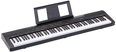 Amazon Basics - Piano Digital Portátil de 88 Teclas Semicontrapesadas con Pedal de Sustain, 2 Altavoces, 140 Timbres, 200 Ritmos, 16 Canciones de Demostración, Metrónomo, Modo Lección - Negro