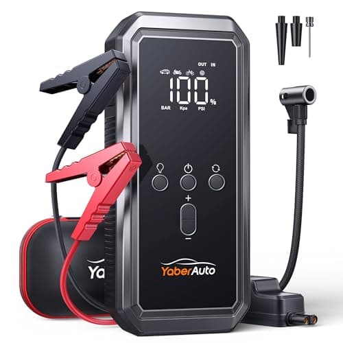 YaberAuto Arrancador de Baterias de Coche con Compresor de Aire, 3500A Arrancador de Coches(para 9,0L de Gasolina o 8,0L de Diesel) Arrancador Coche Portatil con Inflador de 150 PSI, Gran Pantalla