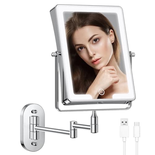 Espejo de maquillaje recargable con LED de aumento x10 para tocador, baño y afeitado, espejo de pared con iluminación, 360°Giratorio 3 colores brillo