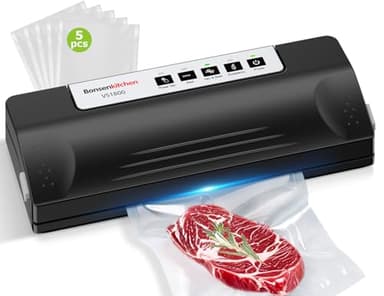 Bonsenkitchen Envasadora al Vacío, Envasadora al Vacio Domestica, Trabajo Continuo de Alta Velocidad, La Soldadura es Estable y Mide 30 cm de Largo, con Bolsa de Vacío y Manguera Adicional