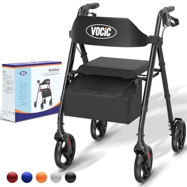 VOCIC andador para ancianos,Andadores adulto de aluminio ligero con asiento,Rollator plegable para todos los terrenos,Asiento regulable en altura,Para uso exterior e interior,Negro| 5 años de garantía