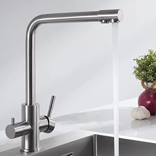 CECIPA Grifos Cocina Fregadero, Grifo Osmosis 3 Vías con 2 Salidas, Grifo de Cocina para Agua Potable con Palanca Doble, Giratorio de 360°, Acero Inoxidable Cepillado