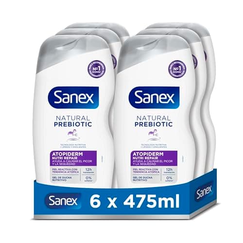 Sanex Natural Prebiotic Atopiderm Gel de Ducha, Pack 6 Uds x 475ml, Gel de Baño para Piel Reactiva con Tendencia Atópica, Ayuda a Calmar el Picor y la Sequedad, 12H de Hidratación