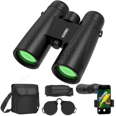 QUNSE Prismáticos compactos 10 x 42 para observación de aves con adaptador de teléfono móvil para observación de aves, viajes, paisajes, cielo estrellado, caza, conciertos (negro, 10, x, milímetro,