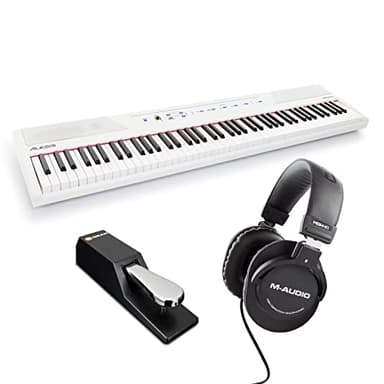 Alesis Recital White con pedal de sustain SP-2 y auriculares de estudio HDH40 - Teclado de Piano Digital Eléctrico con 88 Teclas Semipesadas de Tamaño Completo, pedal de piano y auriculares