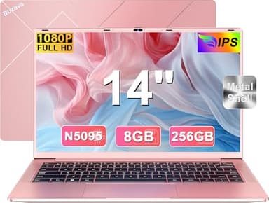 Ordenador Portátil 14 Pulgadas Celeron N5095 Upto 2,9 GHz Portatiles 8GB RAM 256GB SSD TF 1TB LPDDR4 Win11 5G WiFi 1920*1080 FHD Widevine L1 Laptop Película Protectora Español - Oro Cuerpo Metálico