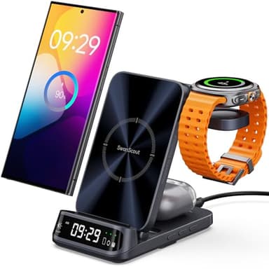 SwanScout Cargador Inalámbrico para Samsung S25 Ultra, Estación de Carga para Galaxy S25+/S24 Ultra/Z Fold6/Z Flip/S23, para Galaxy Watch 7/Ultra/6/5/4, Galaxy Buds3/3 Pro, SwanScout 708S, Sin Enchufe