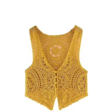 Chaleco Mujer Vestir,Chaleco De Ganchillo Floral Para Mujer, Cuello En V Blanco, Flor De Mandala Hueca, Sin Mangas, Botón Delantero Abierto, Chaleco Corto, Chal, Cárdigan, Punto, Bohemio, Hippie,