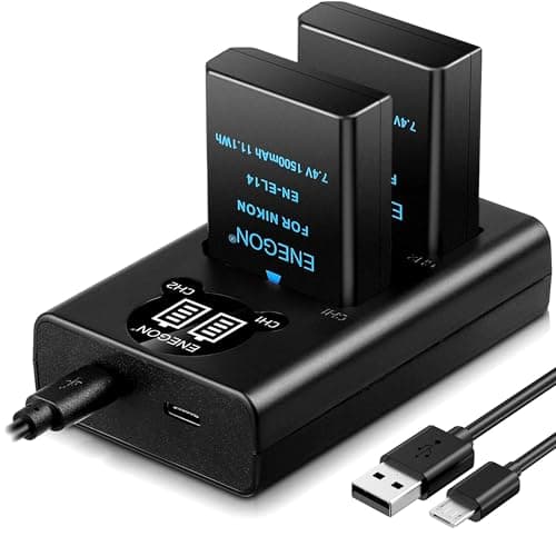 ENEGON EN-EL14 Batería de Repuesto Paquete de 2 y Smart LED Cargador Dual USB para Nikon EN-EL14/EL14a D5600 D5100 D5200 D5300 D5500 D3100 D3200 D3300 D3400 D3500 Coolpix P7000 P7100 P7200 P7700