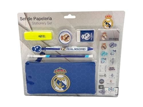 CyP Brands- Real Madrid, Set de Papelería, ortatodo, Lápiz, Goma, Sacapuntas, Bolígrafo, Subrayador, Pegatinas, Color Azul, Producto Oficial