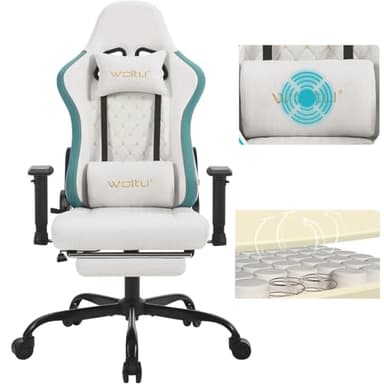 WOLTU Silla Gaming con Masajeador, Silla Ergonómica Oficina, Silla Escritorio con Reposacabezas, y Soporte Lumbar, Sillon Gaming Reclinable, Asiento Ancho, 150 kg, Tela sintética, Azul+Blanco, GS09bws
