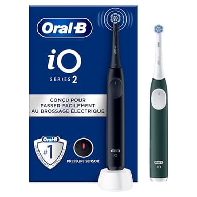 Oral-B iO Series 2 - Cepillo de dientes eléctrico, 2 unidades, 2 cabezales de cepillo, 3 modos de cepillado para el cuidado dental, tecnología magnética, diseñado por marrón, negro nocturno/verde