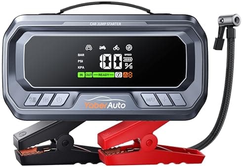 Arrancador de Baterias de Coche con Compresor de Air 6000A 160PSI YaberAuto Arrancador de Coche con 65W Carga Rápida (Todo Gas/12,0L Diesel), Arrancador con Inflador, Pantalla Grande y Linterna LED