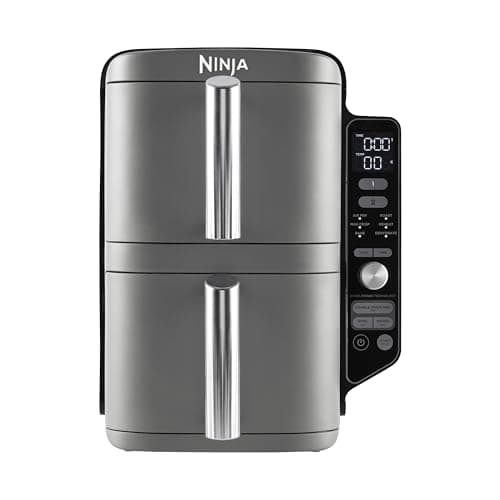 Ninja Double Stack XL Freidora de aire, 9,5 l, Doble cesta vertical, 4 niveles de cocción, 2 cestas y 2 rejillas, diseño para ahorrar más espacio, 6 funciones de cocción, 8 porciones, en gris, SL400EU