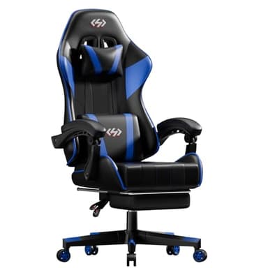 HLFURNIEU Silla Gaming Ergonómica, Silla Gamer con Reposapiés y Soporte Lumbar, Silla Ordenador con Spring Cushion, Sillon Gamer Altura Regulable, Respaldo Ajustable, Cadeira Gaming Negro y Azul