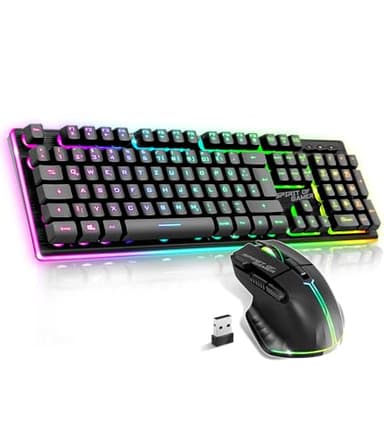 SPIRIT OF GAMER Pack Teclado Ratón Inalámbrico Gamer Negro Recargable RGB | QWERTZ De Retroiluminado | Gaming Keyboard Semi Mecánico | Estructura Aluminio I Wireless Mouse 4800 DPI | PS4/PS5, PC, Xbox