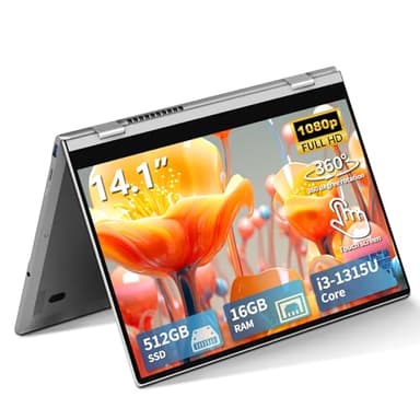 14,1" Ordenador Portátil 2 en 1, Windows 11 PC Portátil Core i3-1315U CPU, Portatil 16GB RAM 512GB SSD, Laptop con Teclado Retroiluminado+Desbloqueo por Huella Dactilar, Pantalla Táctil Giro de 360°
