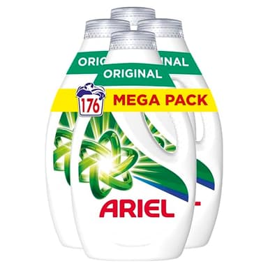 Ariel Detergente Lavadora Liquido 176 Lavados (4x36 + 8), Original, Jabon Limpieza Mejorada en Ciclos Mas Frios con la Exclusiva Tecnologia de limpieza en Frio