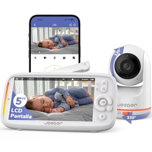 jeeber 2K/3MP Camara Vigilancia Bebe con App Movil, 5" IPS Pantalla, Rotación de 360 ​​Grados, Visión Nocturna en Color,Detección Inteligente de llanto, Área de Seguridad Personalizada, VOX