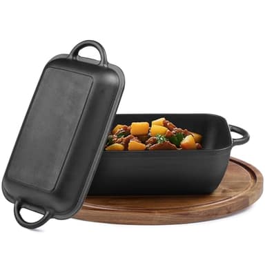 Navaris Olla Hierro Fundido con Tapa - Olla Holandesa de Hierro Fundido Rectangular - Olla de Hierro Fundido con 2 Asas de 3,8L - Ollas Hierro Fundido para Cualquier Cocina y Horno