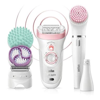 Braun Silk-épil 9 Kit Depiladora Eléctrica Mujer, 9-995 Deluxe 9 en 1, Depilación inalámbrica en seco y húmedo, Depiladora, afeitadora, exfoliante, kit de limpieza facial y corporal, blanco/rosa