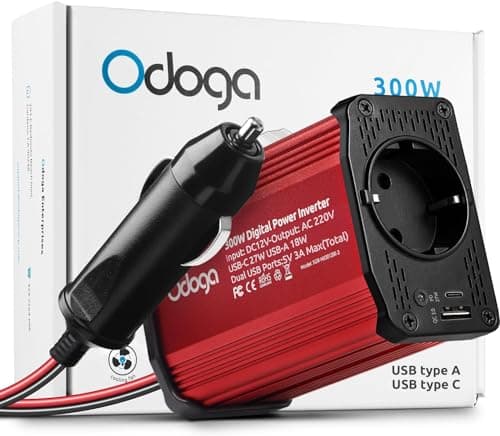 Odoga inversor 12v a 220v 300W para Coche, Convertidor con USB-C y USB-A - Adaptador Mechero Coche a Enchufe - Cargue Sus Dispositivos Electrónicos en Autocaravanas, Camper Furgoneta & Coche