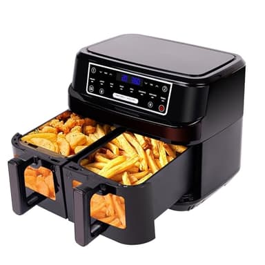 Freidora de Aire Caliente 2 Cámaras | 10L Airfryer XXL con Ventana Visualizada, Freidora de Aire Doble Zona 8 en 1 con 2 Cajones 5L, Freidora de Aire Caliente de Doble Cámara ad Bajo en Grasa Cocinar