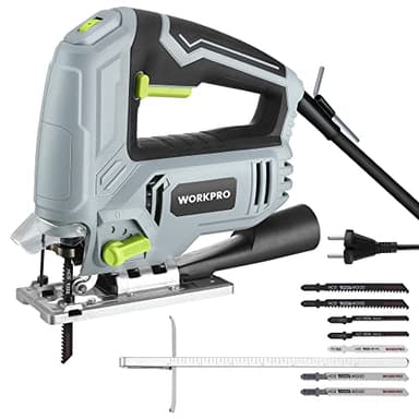 WORKPRO 600W Sierra de calar, con 6 velocidades y 4 posiciones orbitales, función de soplado de polvo, ángulo de corte de ±45°, con tubo para el polvo y regla guía, incluye 7 piezas de hojas de sierra