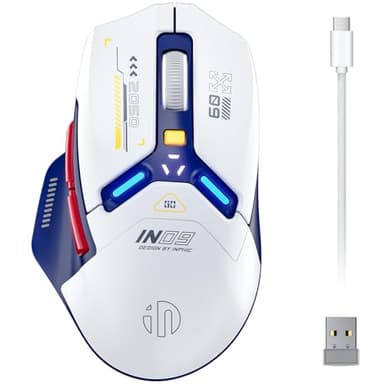 INPHIC Ratón Gaming inalámbrico, Verdadero Tri-Mode 2,4G Wireless/con Cable Type-C/Bluetooth, 10k dpi, Totalmente programable, iluminación RGB, ratón inalámbrico Recargable para PC portátil, Blanco