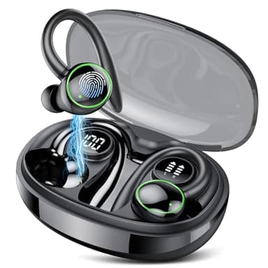 Auriculares Inalámbricos Deportivos, Auriculares Bluetooth 5.3 con 4 HD Mic, HiFi Estéreo Cascos Inalambricos, Auriculares Running con Gancho, 48H/LED Reducción de Ruido Cascos, IP7 Impermeable, Negro