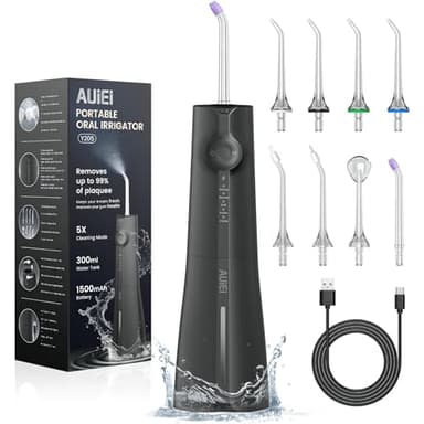 AUIEI Irrigador Dental, Irrigador Bucal Portatil Inalámbrico Profesional 8 Boquillas 5 Modos, USB Recargable Para Limpieza de Dientes, IPX7 Impermeable 300ML, Para Hogar y Viajes (Negro)