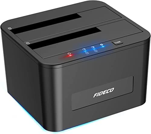 FIDECO HDD Docking Station, estación de Acoplamiento para Disco Duro USB3.0 para 2.5 y 3.5 Pulgadas SATA HDD/SSD, Doble bahía, Soporte de Clones Fuera de línea