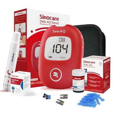 Sinocare Glucómetro, Medidor Glucosa en Sangre, 25 x Tiras de Prueba y Dispositivo de Punción - mg/dL (Safe AQ Smart)