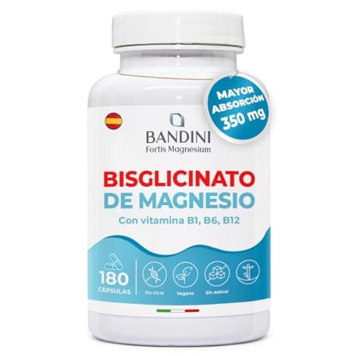 Bandini® Bisglicinato de Magnesio + Vitamina B1,B6 y B12, 350 mg de Glicinato de Magnesio por porción | 180 cápsulas para el estrés, la fatiga, el sistema nervioso, Bisglicinato magnésico 100% Vegan