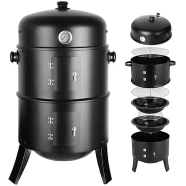 Ahumador 3 en 1, smoker barbacoa, barril de ahumado, Ø44,5 x 80 cm, incluye salida de aire regulable y termómetro, cuenco de agua, 2 rejillas de barbacoa (φ 37,5 cm), para ahumar, asar y cocinar