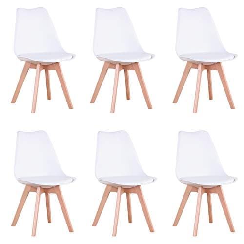 GrandCA HOME Pack de 6 Sillas de Comedor, Silla de Cocina Nórdica, Patas de Madera de Haya, Asiento Tapizado, Sillas Escandinavia para Salón,Blanco