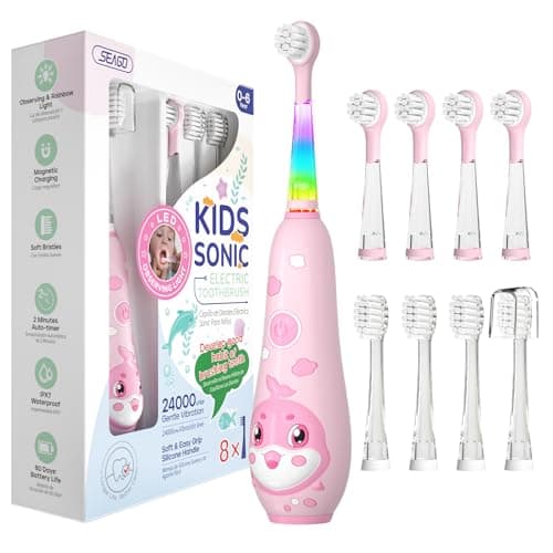 seago cepillo electrico infantil, cepillo dientes infantil recargable con luz LED, temporizador y 8 cabezal de recambio para niños mayores de 2 años (rosa)