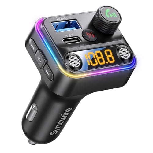 Syncwire Transmisor FM Bluetooth 5.4 Coche 42W [Interruptor de Luz] [Micrófonos Dobles Potentes & Bajos HiFi] [Carga Rápida] Adaptador de Música para FM Radio Inalámbrica, Llamadas Manos Libres, Negro